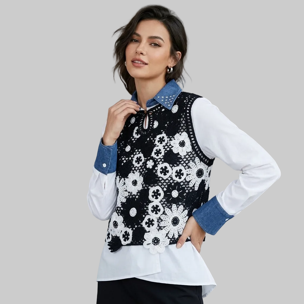 Sophisticated Mixed-Media Floral Crochet Vest Layered Shirt