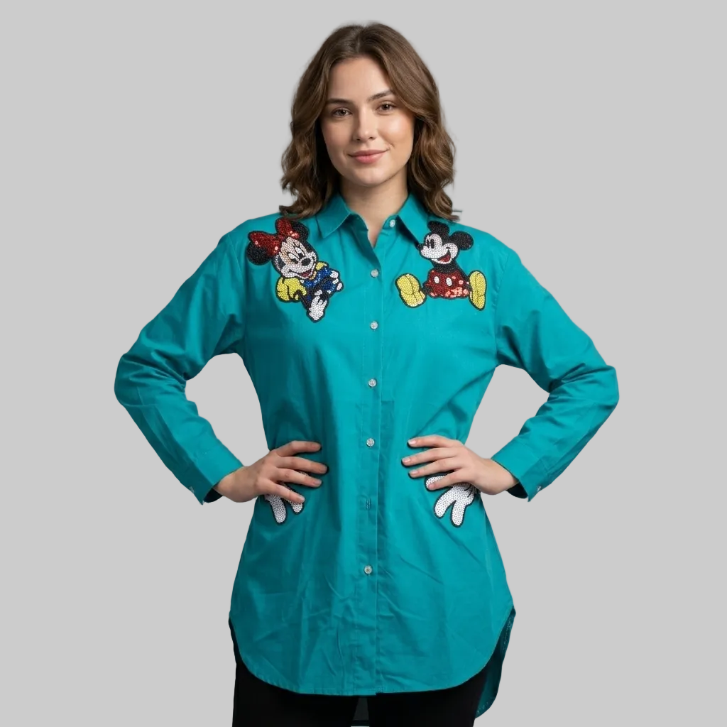 Teal Sequin Character Oversized Button-Down Shirt