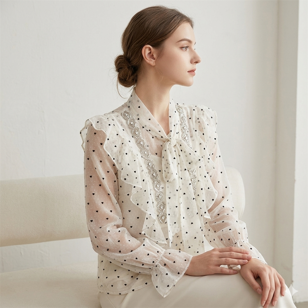 Romantic Embellished Heart-Print Ruffle