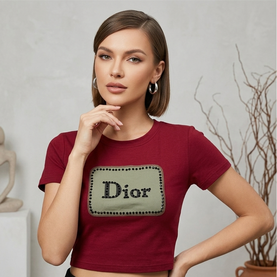 Dior Embellished Patch Logo Crop Top in Deep Burgundy
