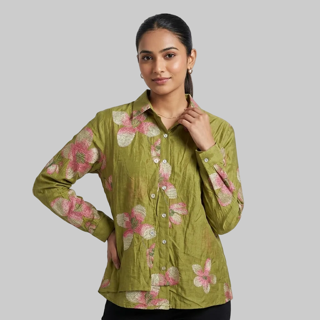 Earthy Olive Floral Embroidered Button-Down