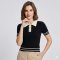 Vintage Glam Contrast Collar Rib-Knit Polo Top