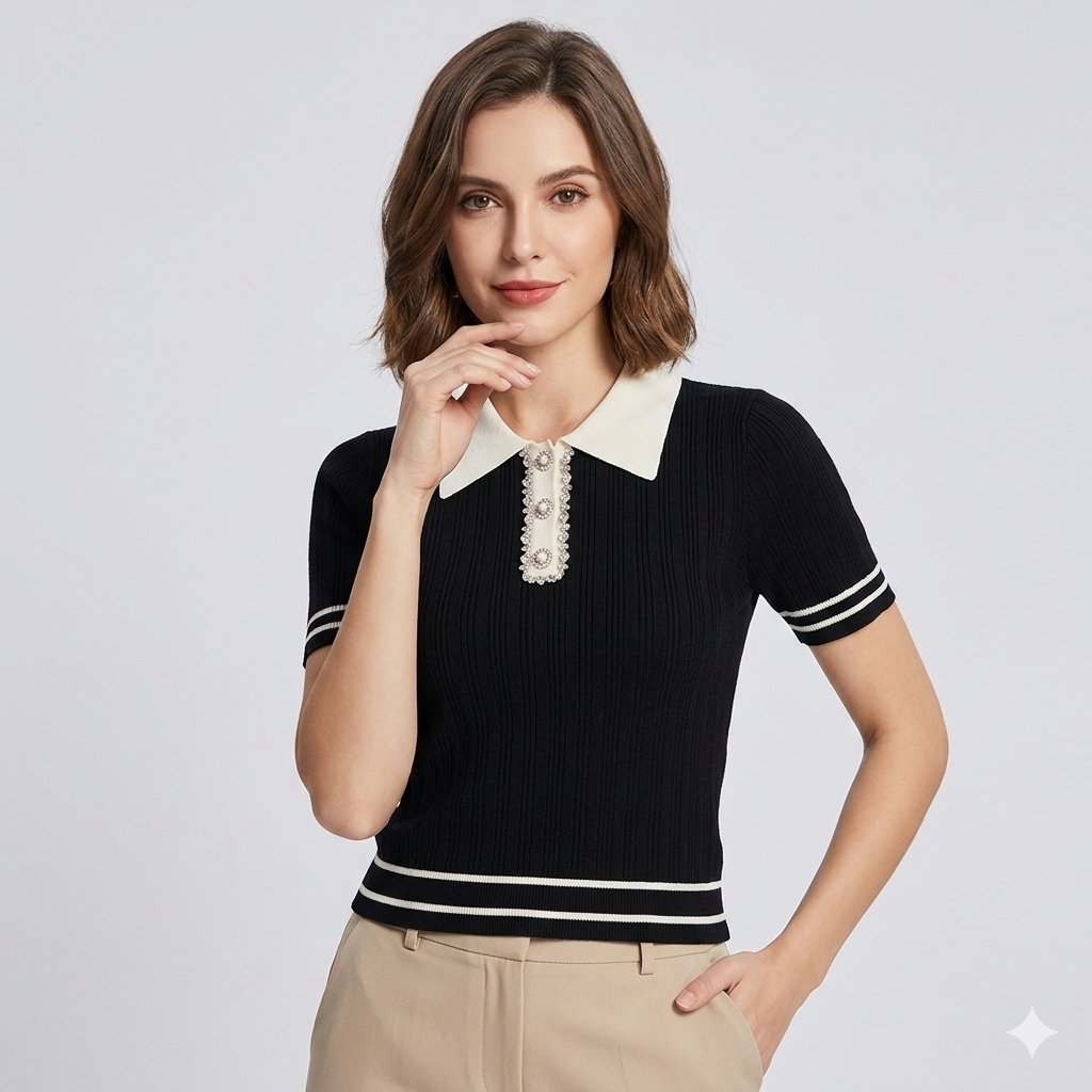 Vintage Glam Contrast Collar Rib-Knit Polo Top