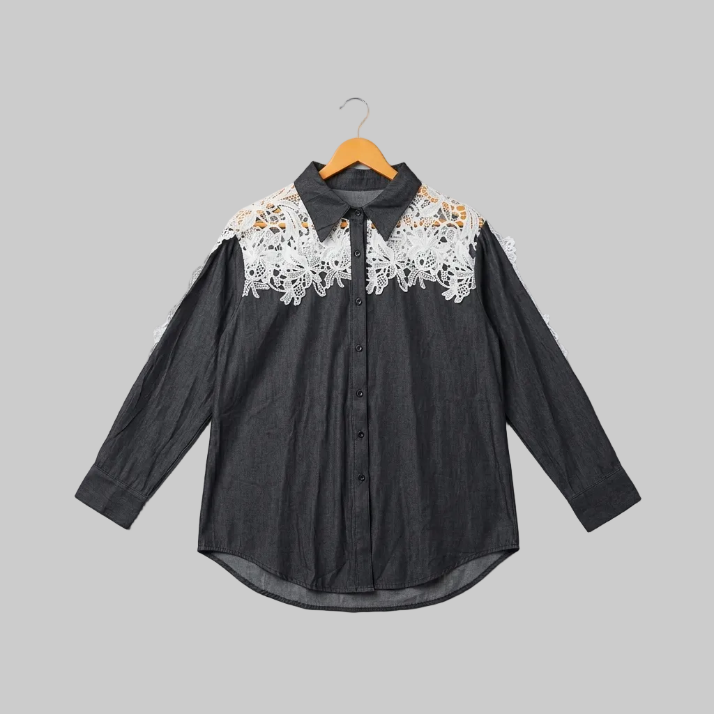Charcoal Denim & Botanical Lace Contrast Shirt – Elevated Utility