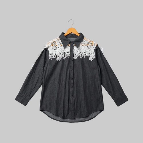 Charcoal Denim & Botanical Lace Contrast Shirt – Elevated Utility