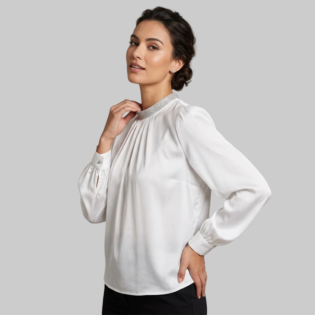 Pearl and Pleat Satin Blouse with Embellished High Neck