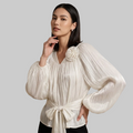 White Pleated Balloon-Sleeve Blouse with Rose and Bow Detail
