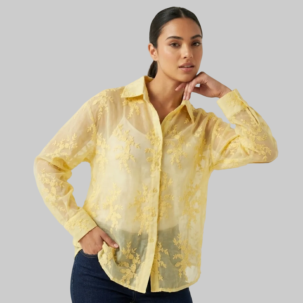 Sun-Kissed Floral Embroidered Sheer Button-Down