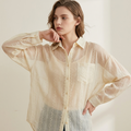 Shear Beige Embroidered Button-Up Blouse with Cami