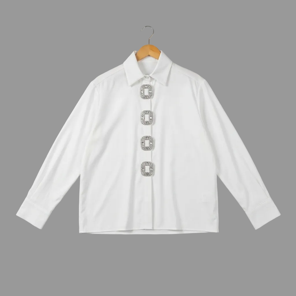 Elegant Crystal-Embellished Button-Down Satin Blouse – White