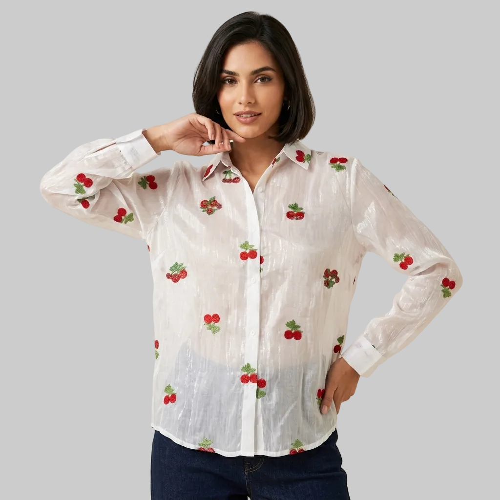 Sweet Cherry Embroidered Sheer Blouse