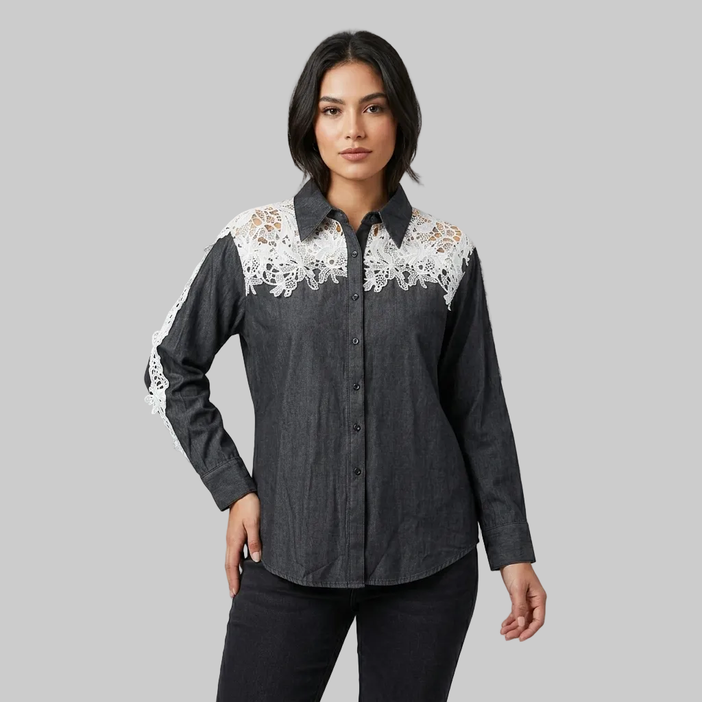 Charcoal Denim & Botanical Lace Contrast Shirt – Elevated Utility