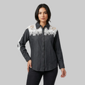 Charcoal Denim & Botanical Lace Contrast Shirt – Elevated Utility