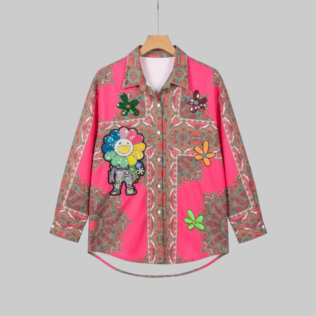 Electric Pink Paisley & Graphic Embellished Shirt