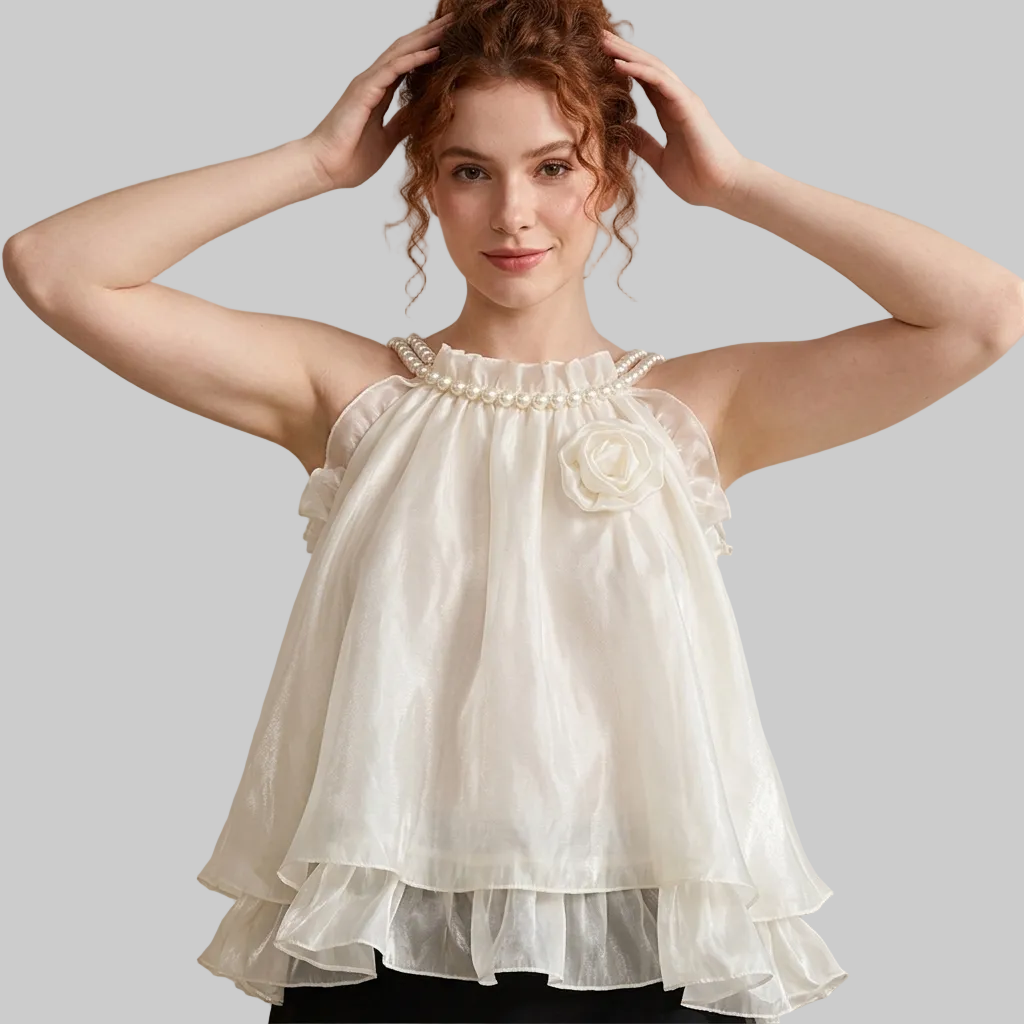 Ethereal Cream Organza Tiered Blouse with Pearl Neckline and Rose Appliqué