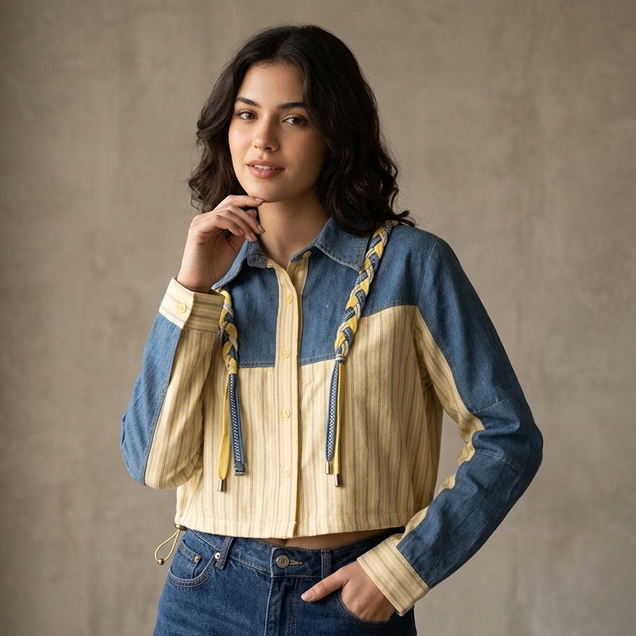 Patchwork Denim & Stripe Utility Cropped Jacket