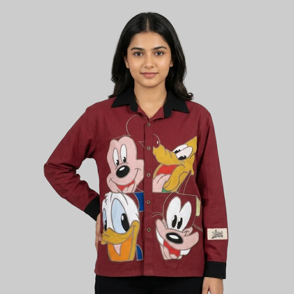 Retro Cartoon Patchwork Long-Sleeve Button-Down Shirt in Burgundy