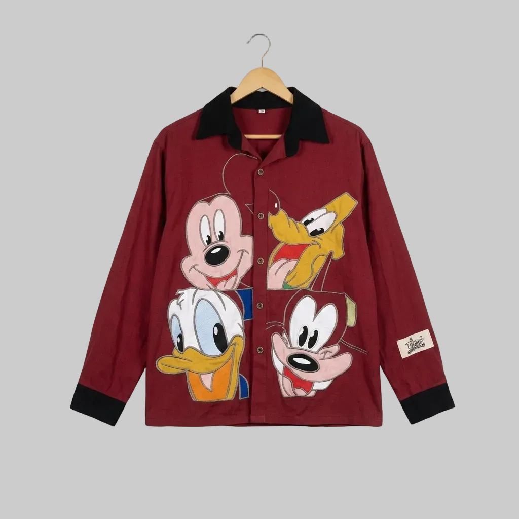 Retro Cartoon Patchwork Long-Sleeve Button-Down Shirt in Burgundy