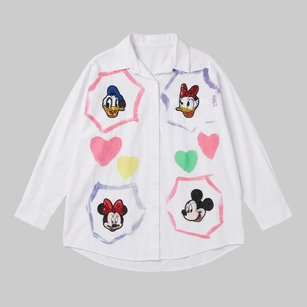 Whimsical Cartoon Patch Boyfriend Shirt