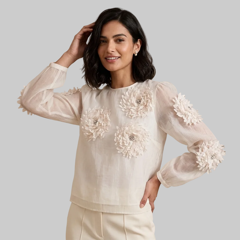 Elegant Cream Organza Blouse with Dimensional Floral Appliqués and Crystal Accents