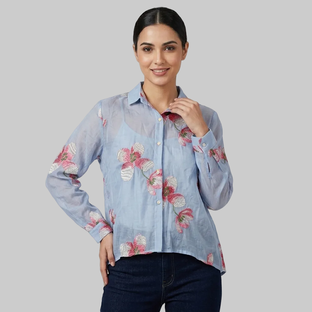 Botanical Bloom Sheer Button-Down