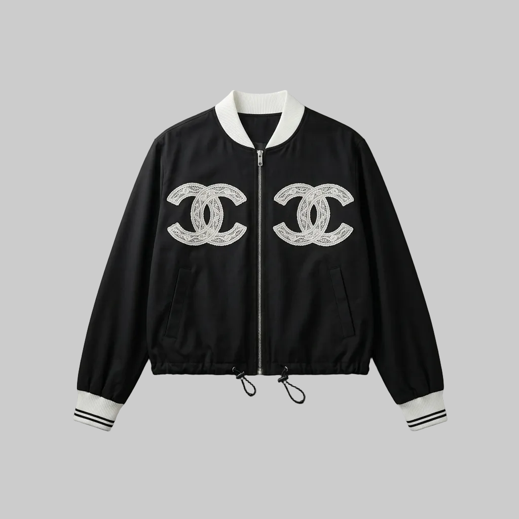 Monochrome Lace-Emblem Bomber Jacket – High-Contrast Street Style