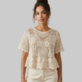 Elegant Cream Geometric Crochet Lace Short Sleeve Blouse with Scalloped Hem