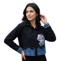 Edgy Two-Tone Denim Jacket with Floral Patchwork and Lace Trim