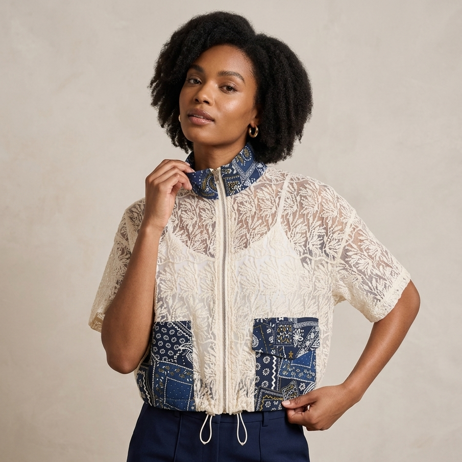 Unique Cropped Cream Lace Utility Jacket with Navy Paisley Patches