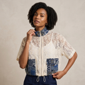 Unique Cropped Cream Lace Utility Jacket with Navy Paisley Patches