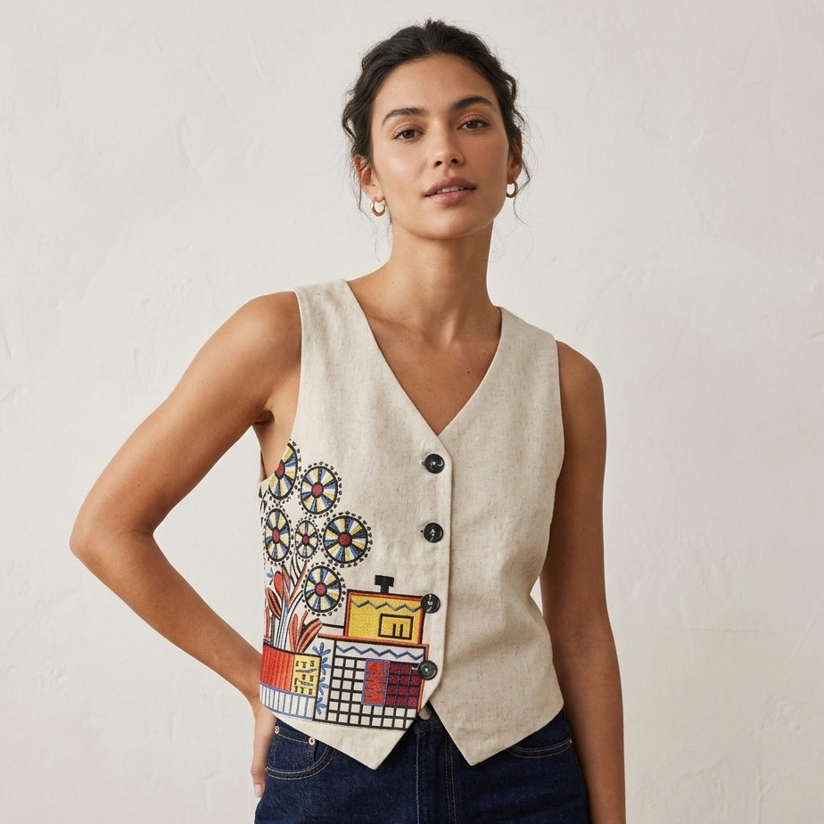 Artisan Embroidered Natural Linen Vest