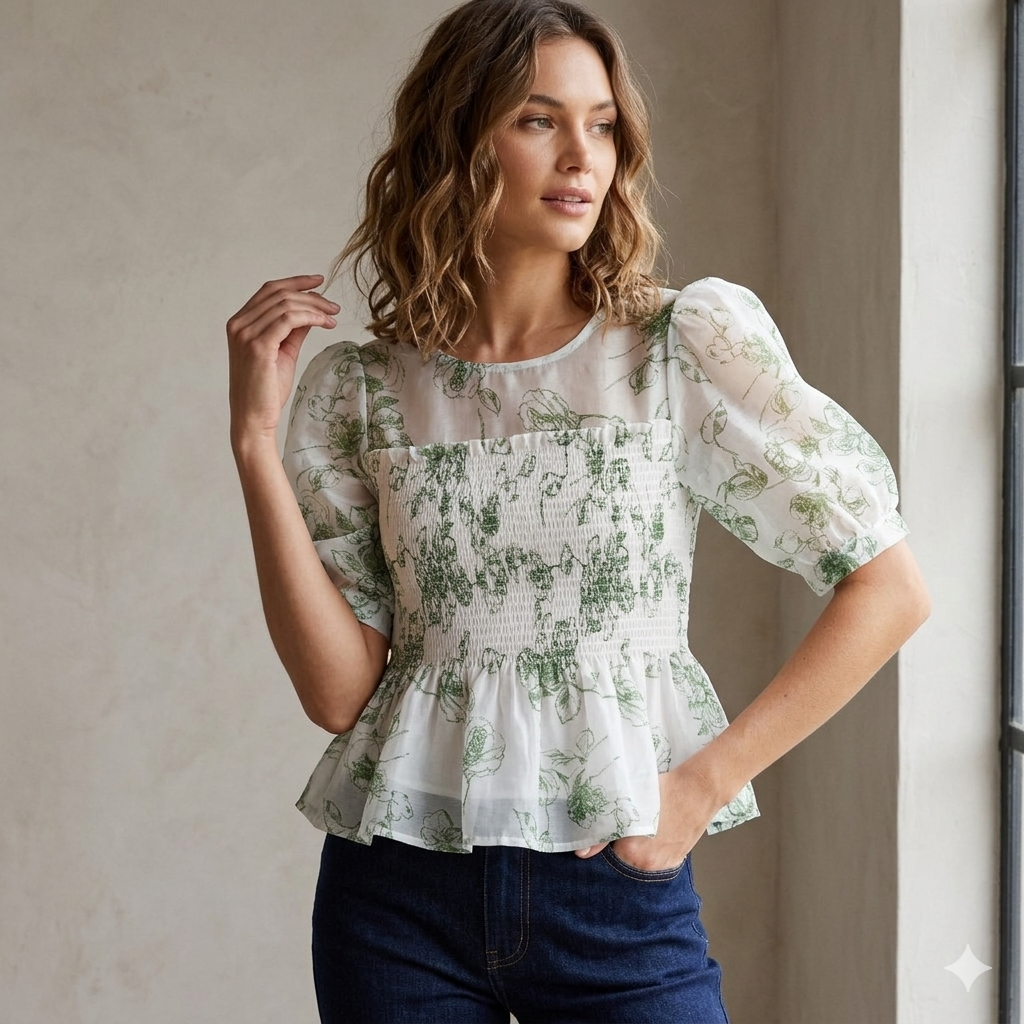 Ethereal Green Floral Toile Smocked Peplum top