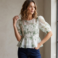 Ethereal Green Floral Toile Smocked Peplum top