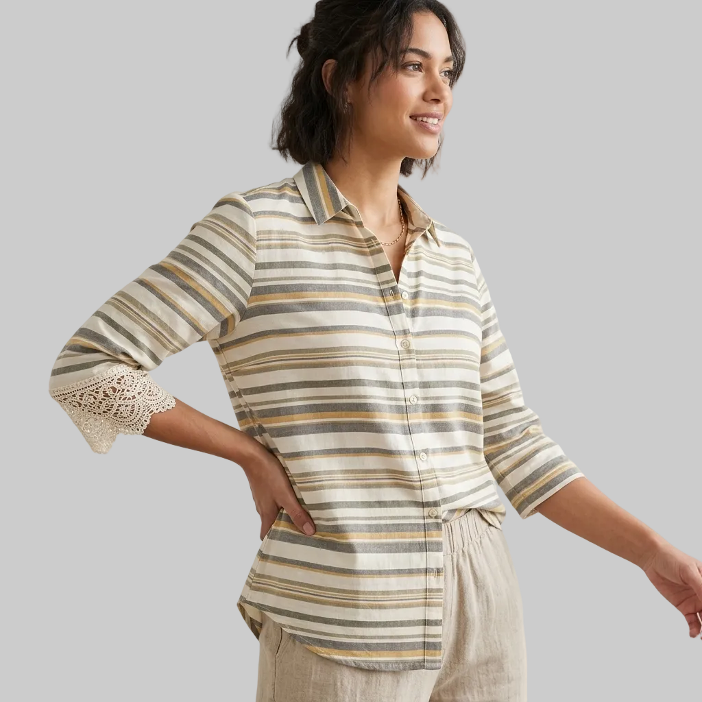 Striped Lace-Trim Button-Down