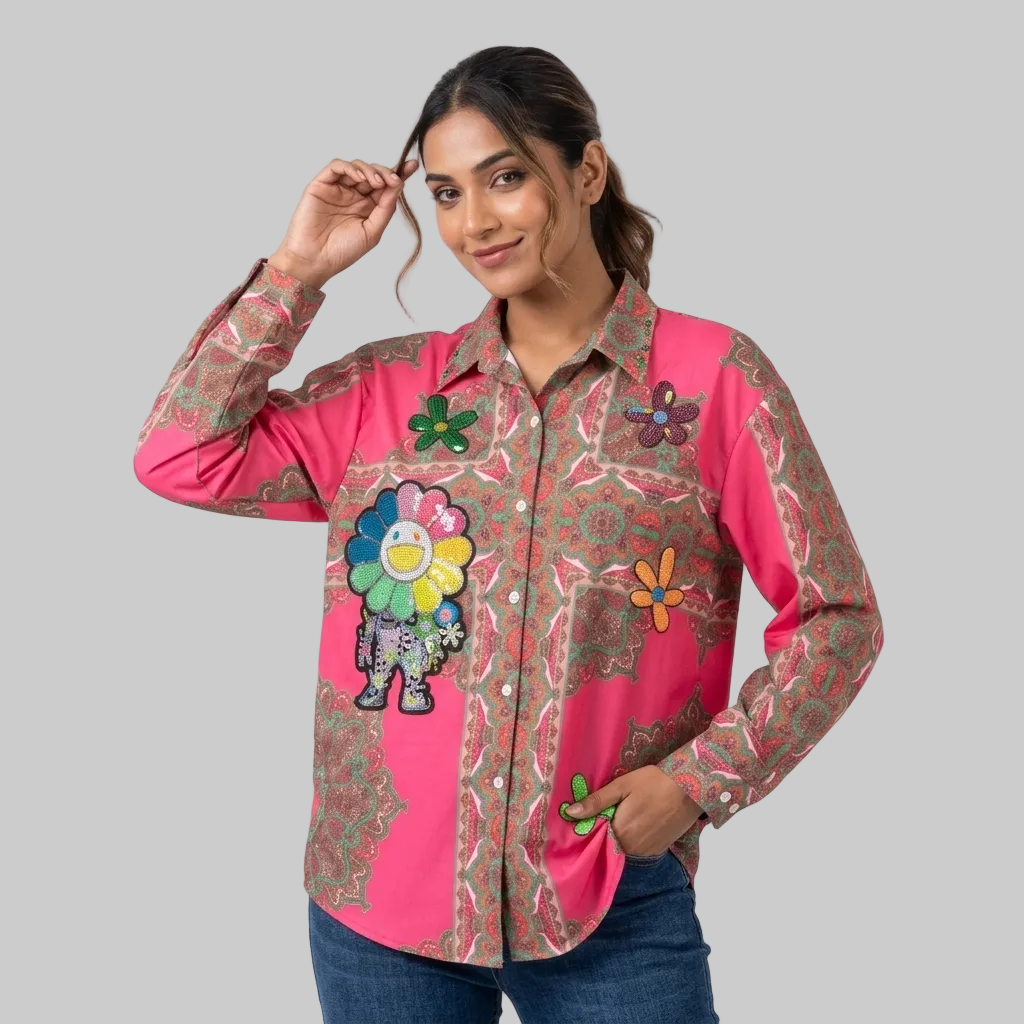 Electric Pink Paisley & Graphic Embellished Shirt
