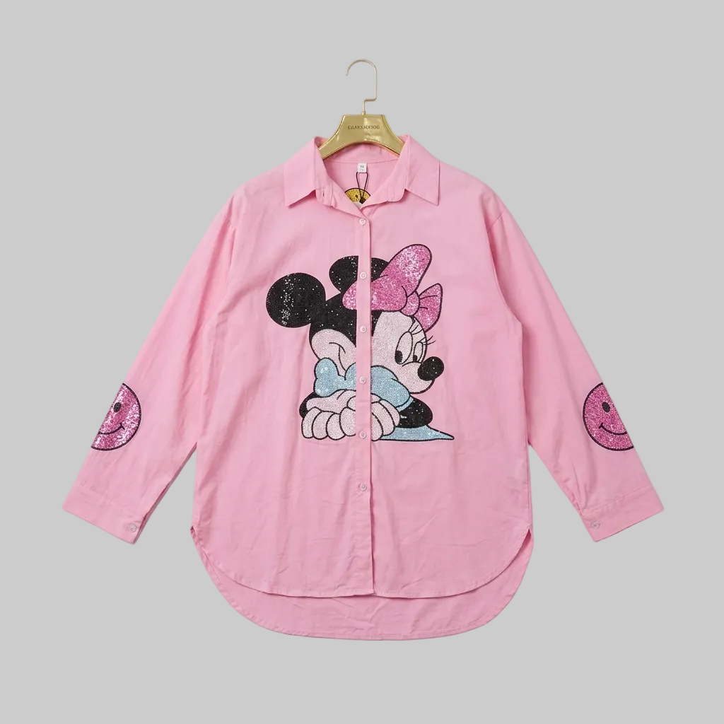 Pink Sequin Minnie Mouse Graphic Button-Down Shirt