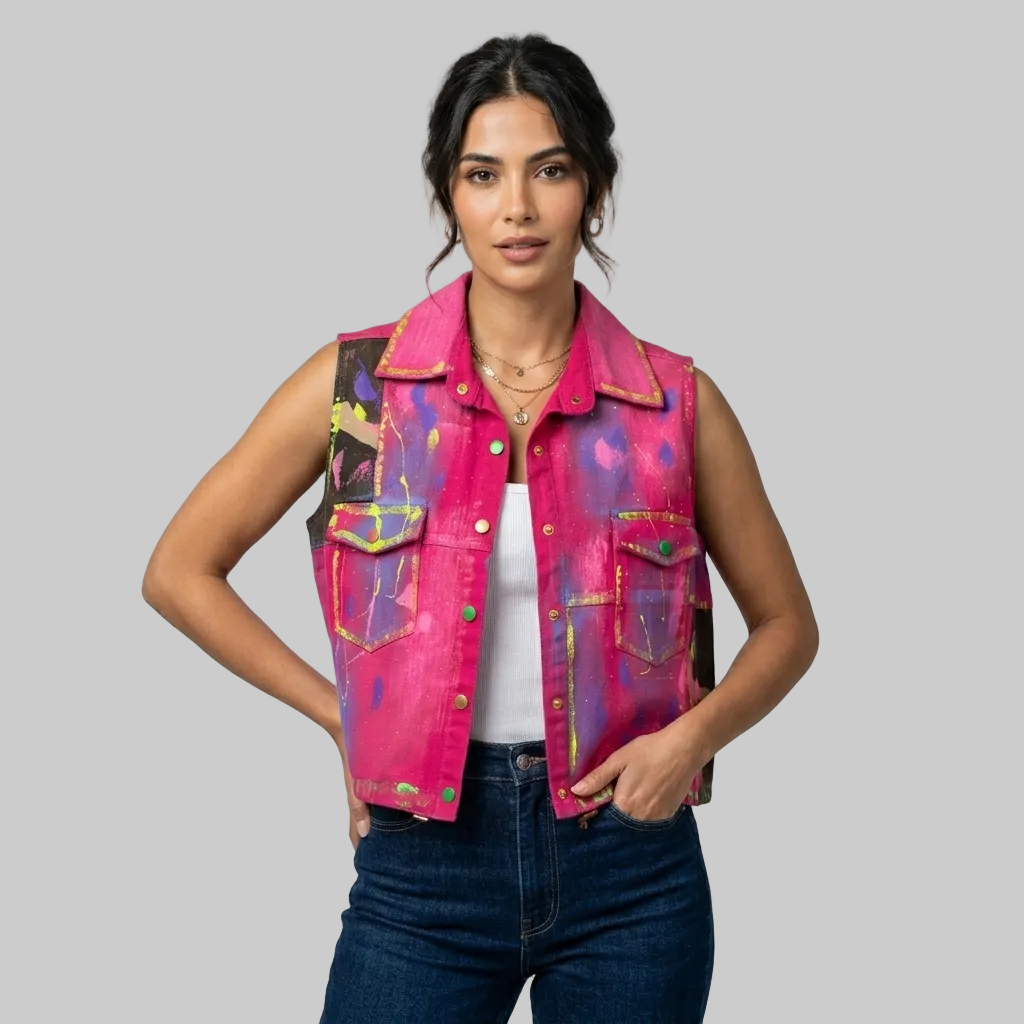 Artistic Paint-Splatter Denim Vest