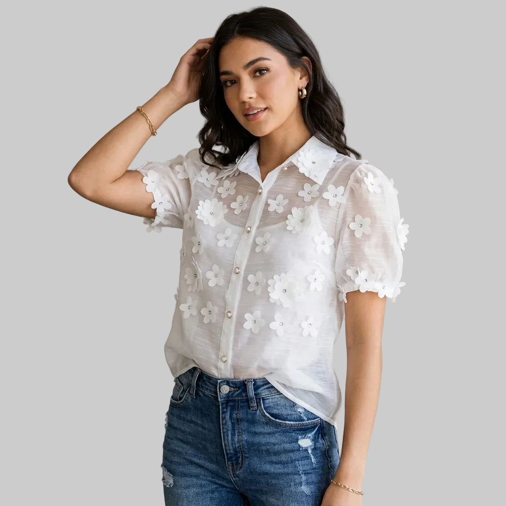 Elegant Sheer Floral Appliqué Puff Sleeve Blouse with Pearl Buttons