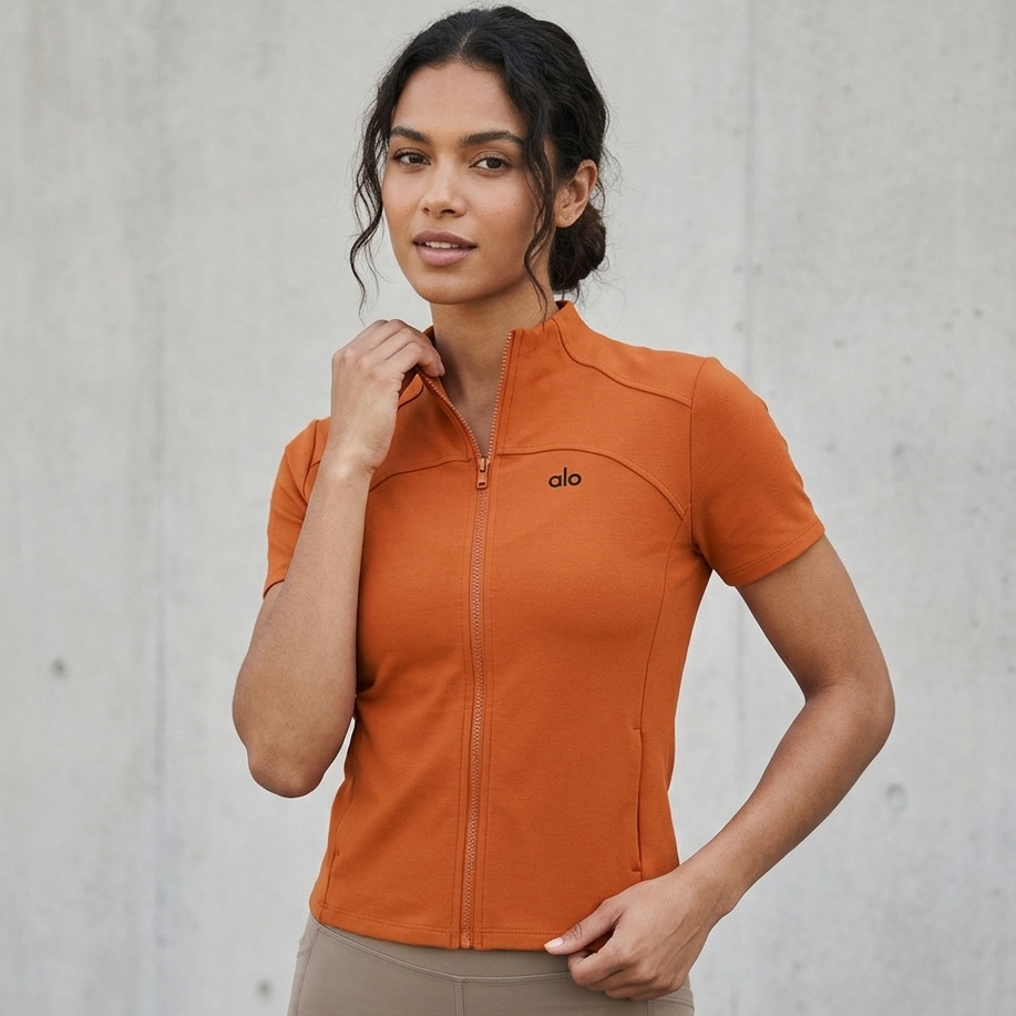 Alo Yoga Short Sleeve Full-Zip Technical Performance Top - Burnt Orange