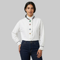 Regal Ruffled Statement Blouse – Crisp White with Jewel-Encrusted Collar