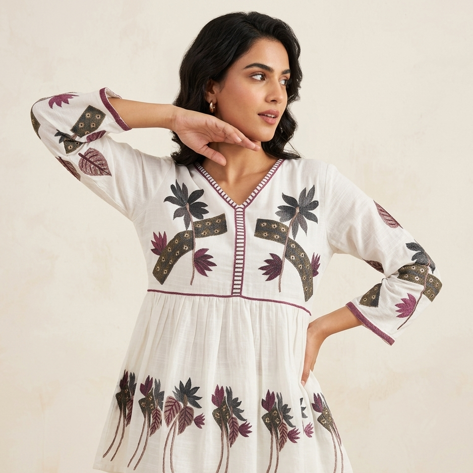 Ethereal White Botanical Embroidered Peplum Tunic with Maroon Trim