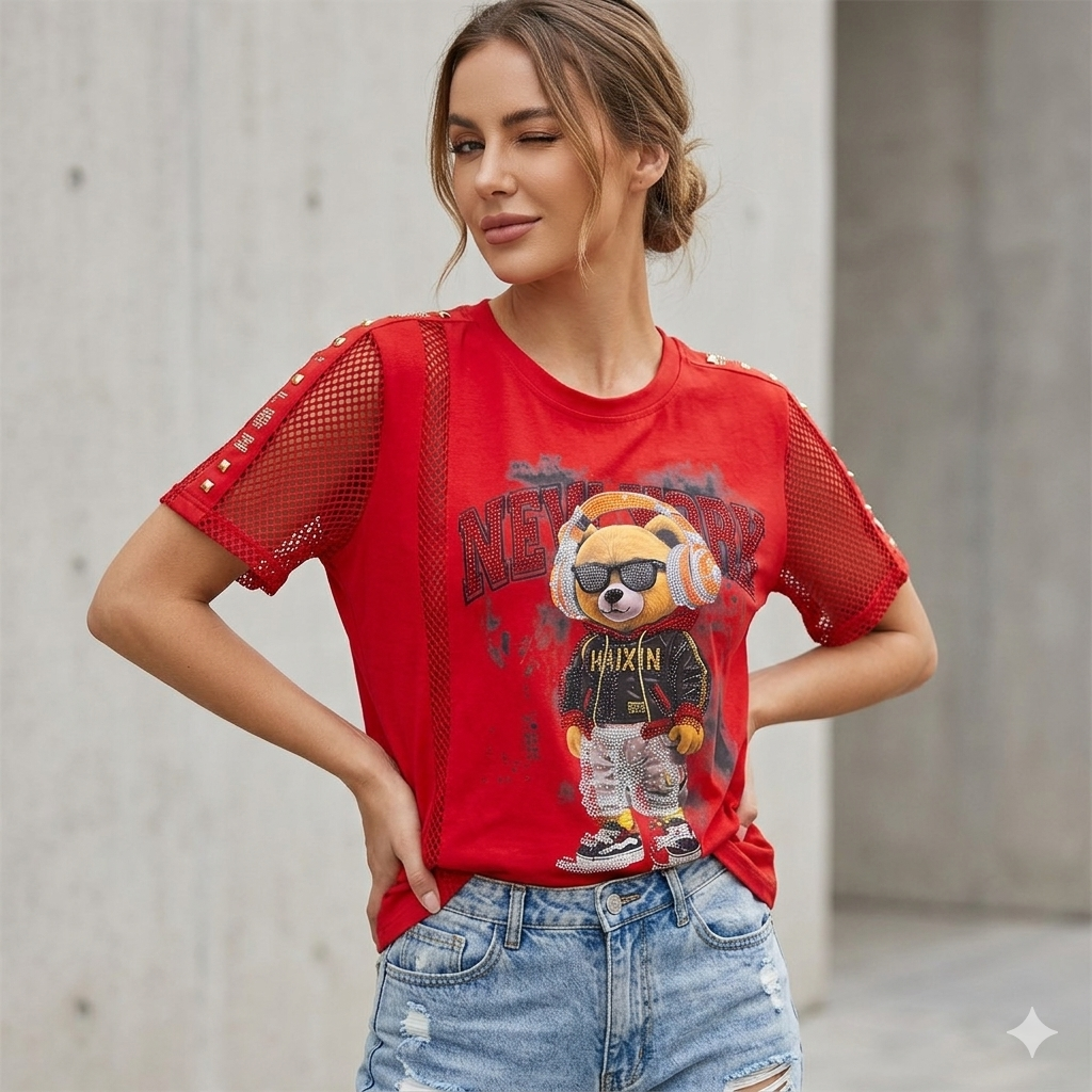 The "NY Bear" Rhinestone Mesh Tee – Red