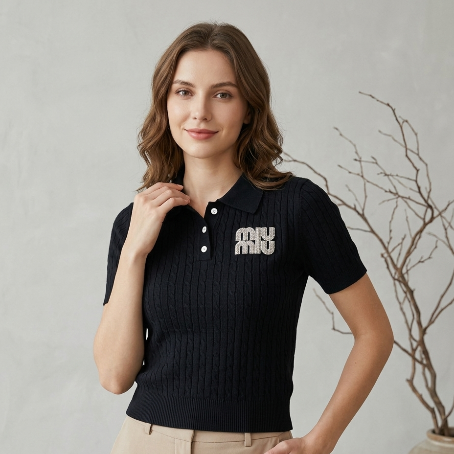 Signature Crystal-Embellished Cable-Knit Polo