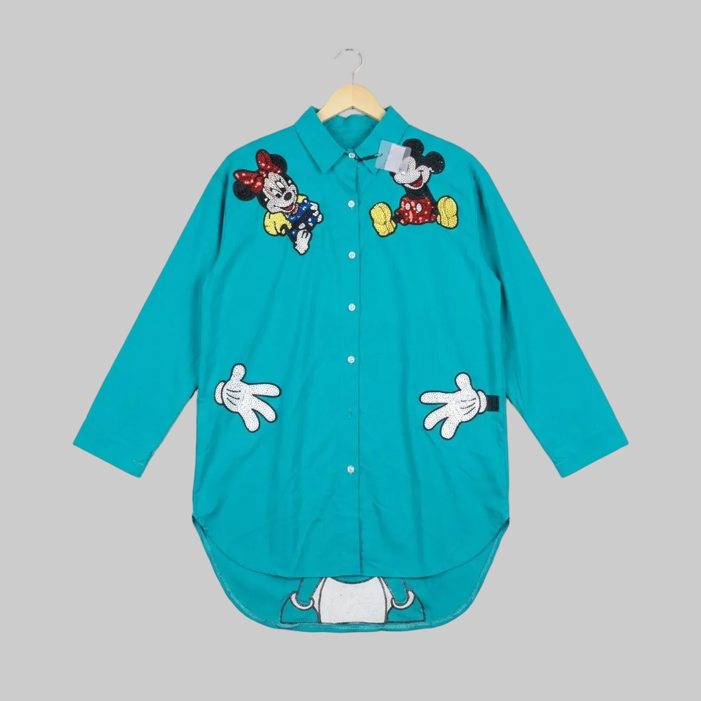 Teal Sequin Character Oversized Button-Down Shirt