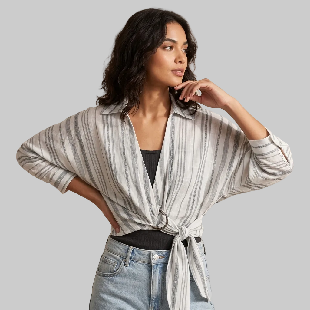 Grey & White Striped D-Ring Wrap-Tie Top with Dolman Sleeves