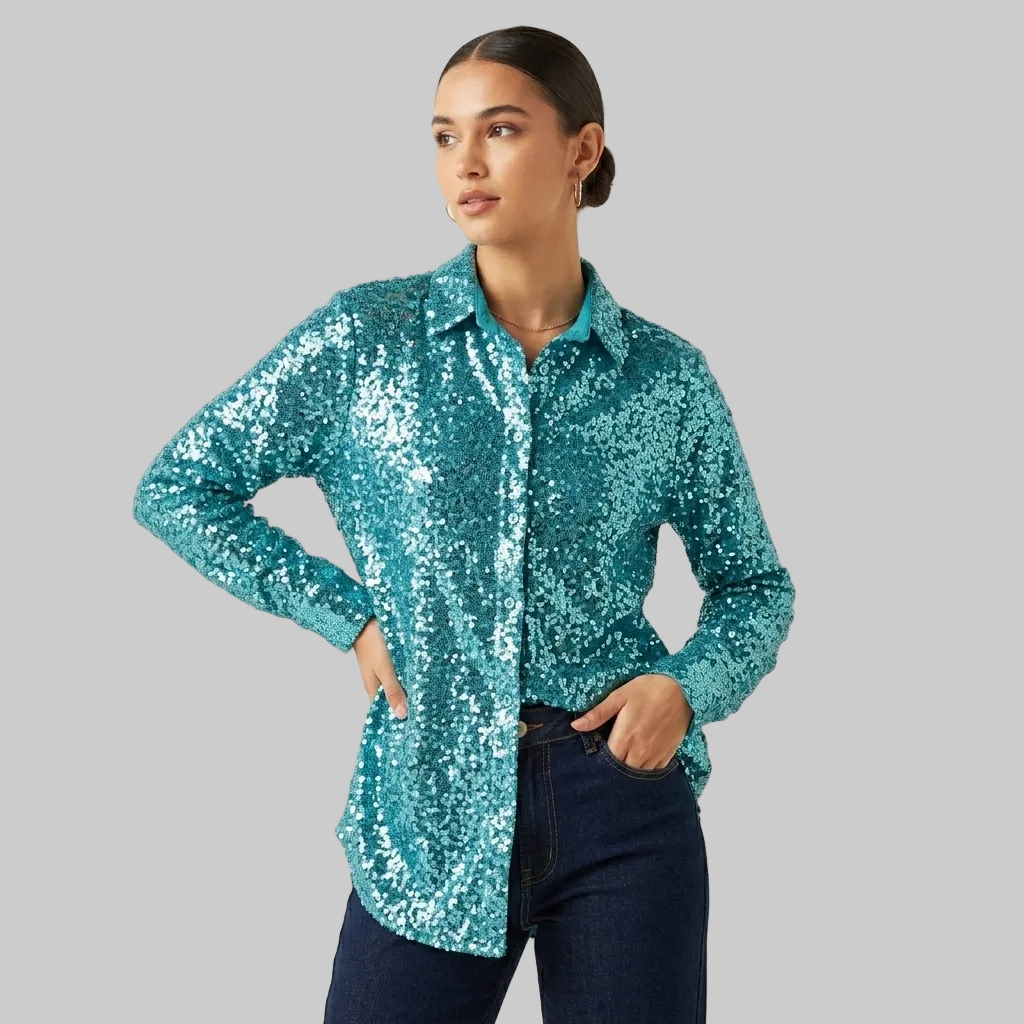 Emerald Sparkle Sequin Button-Down Shirt