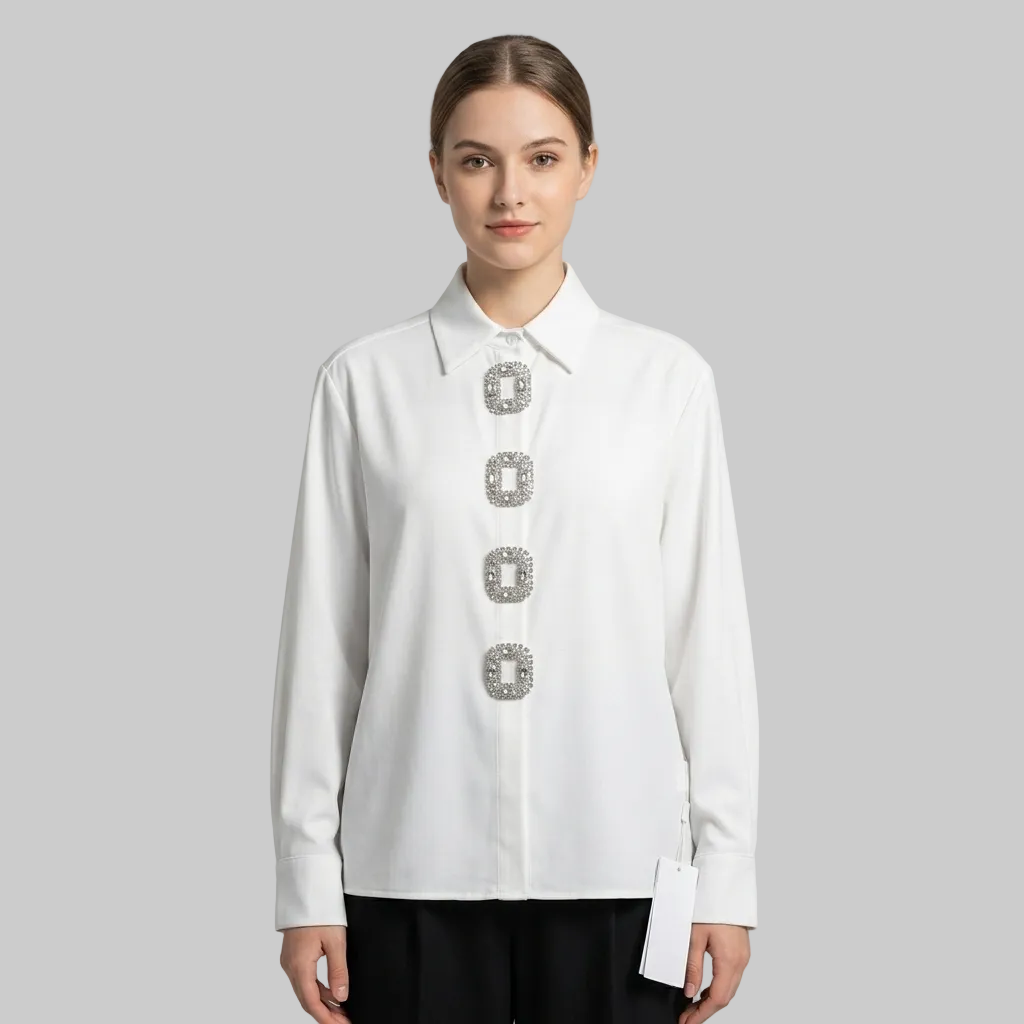 Elegant Crystal-Embellished Button-Down Satin Blouse – White