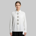 Elegant Crystal-Embellished Button-Down Satin Blouse – White