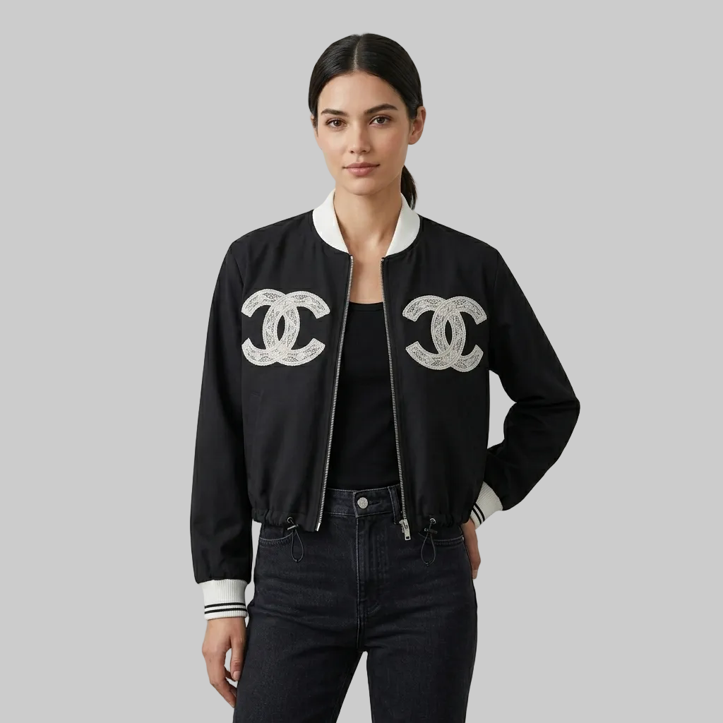Monochrome Lace-Emblem Bomber Jacket – High-Contrast Street Style