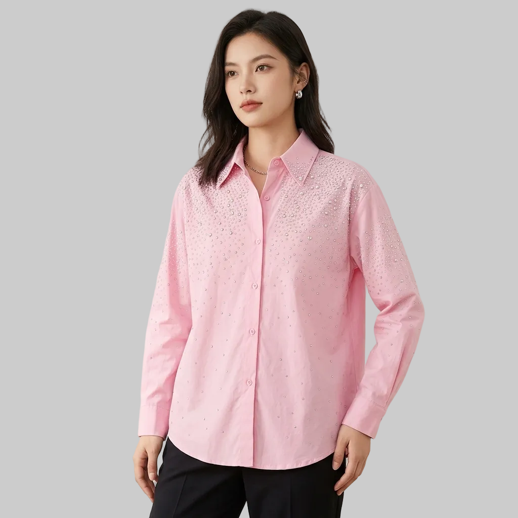 Radiant Pink Rhinestone Embellished Button-Down